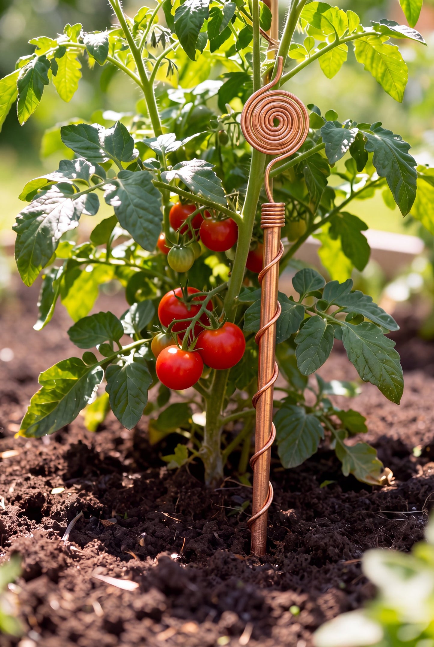 Kopero Elektrokultur 30 cm Kupferantenne bei einer Tomatenpflanze im Gemüsegarten
