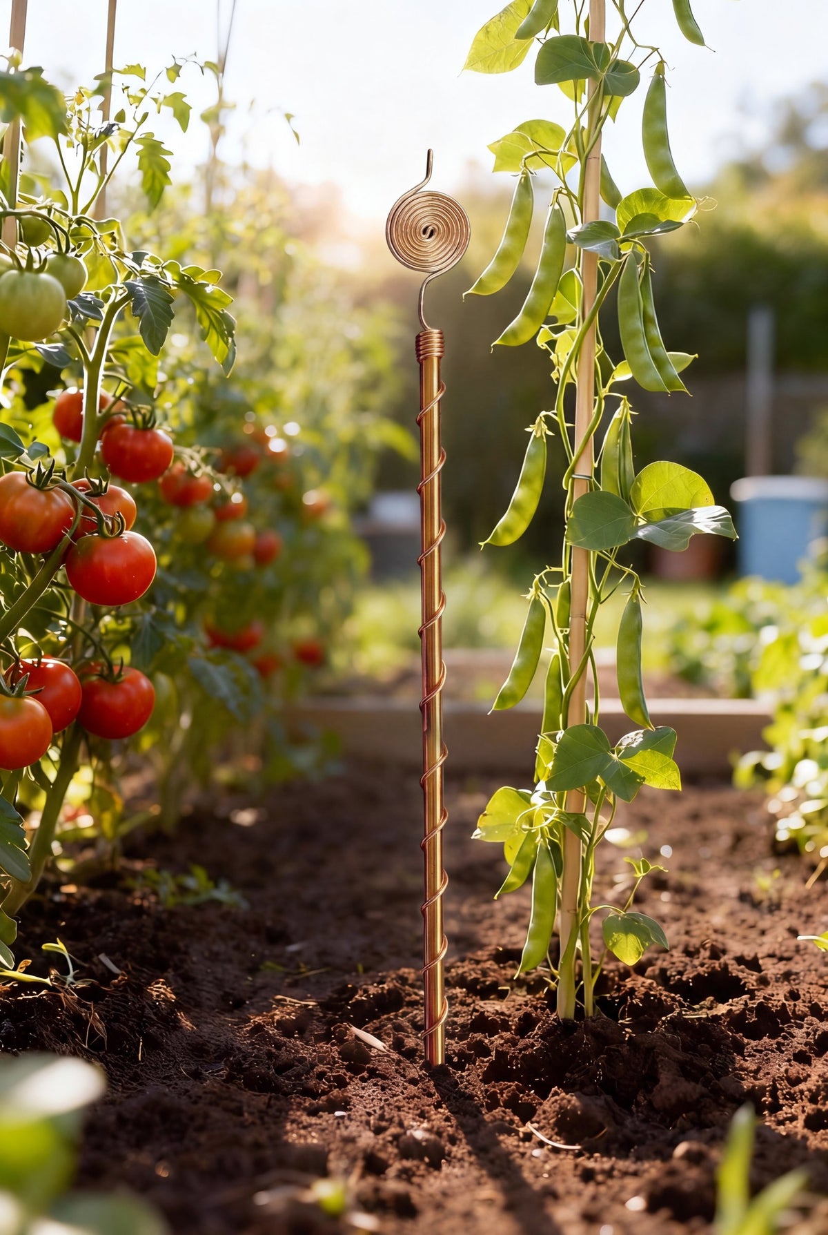 Kopero Elektrokultur 60 cm Kupferantenne zwischen Tomaten und Bohnen im Gemüsegarten