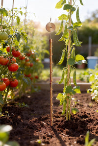 Kopero Elektrokultur 60 cm Kupferantenne zwischen Tomaten und Bohnen im Gemüsegarten